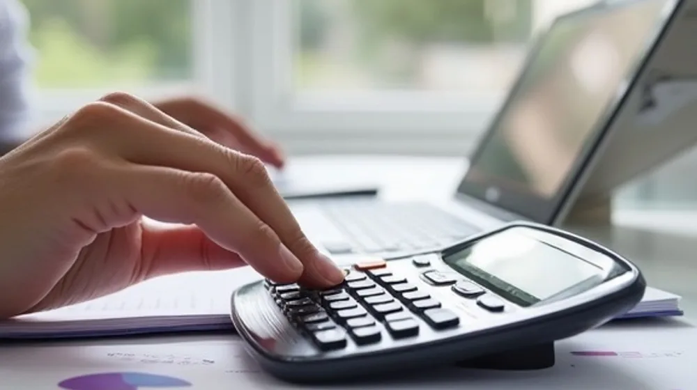 Manos usando una calculadora sobre gráficos impresos de un negocio