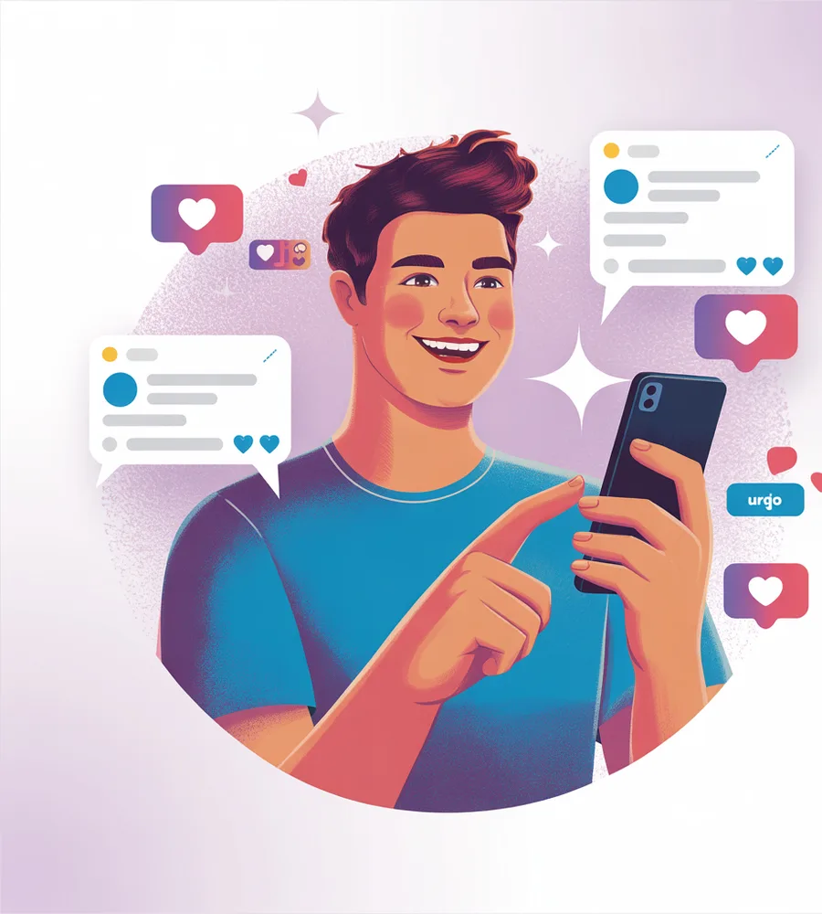 Ilustración de una persona mirando su celular rodeada de notificaciones y comentarios de redes sociales