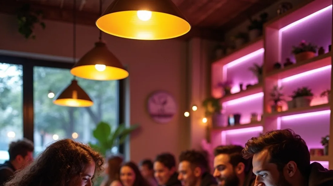 Personas usando sus dispositivos en el espacio cálido de un local comercial