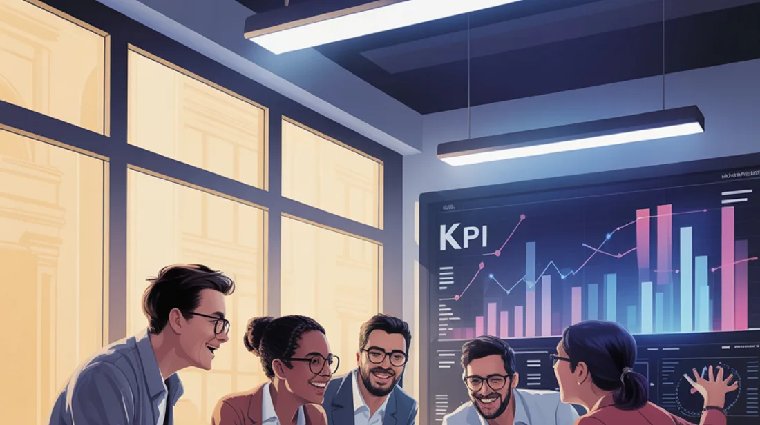 Equipo de trabajo analizando gráficos y métricas de marketing en una reunión