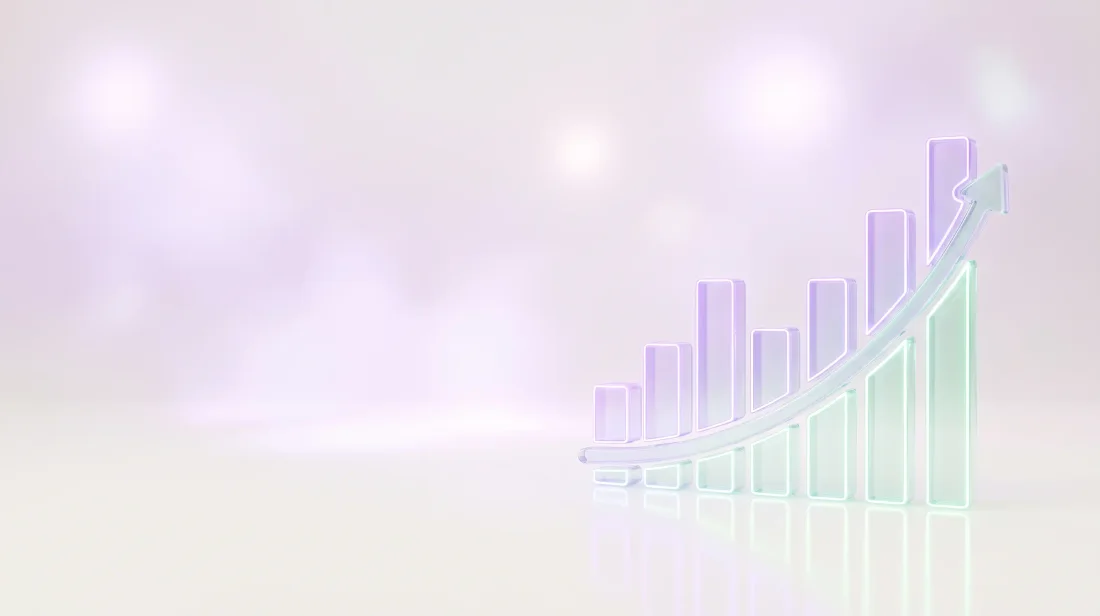 Gráfico de barras de vidrio luminoso con flecha ascendente, ilustración de marca de Dale Like.Digital