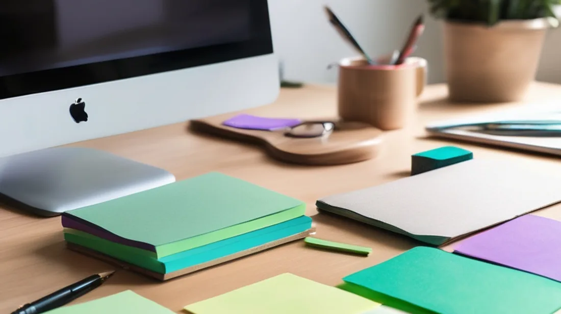 Escritorio con notas adhesivas verdes y lilas para planificar una estrategia