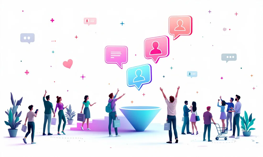 Ilustración de un embudo de ventas en redes sociales: personas con bolsas de compra alrededor de un embudo del que salen notificaciones y mensajes